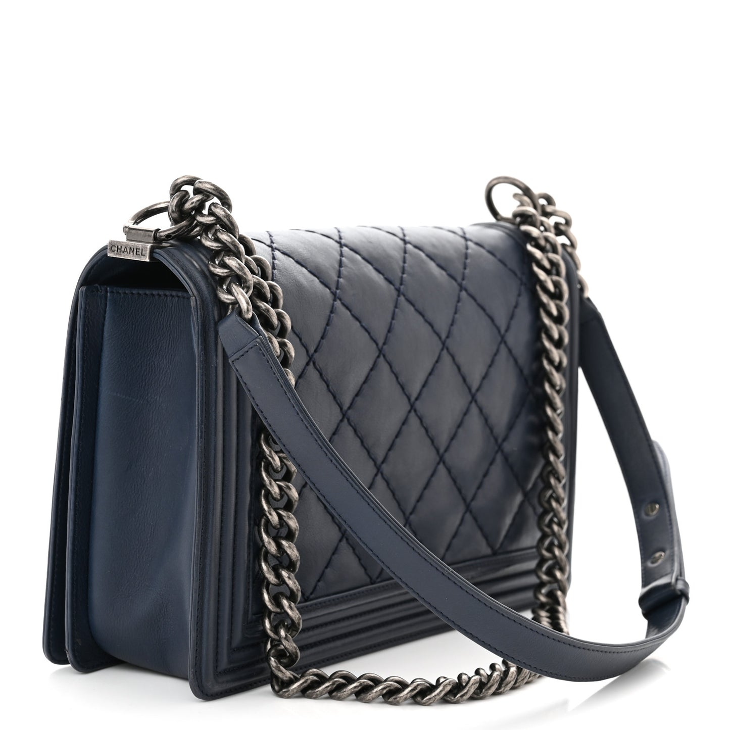 Calfskin Double Stitch New Medium Boy Flap Navy Blue
