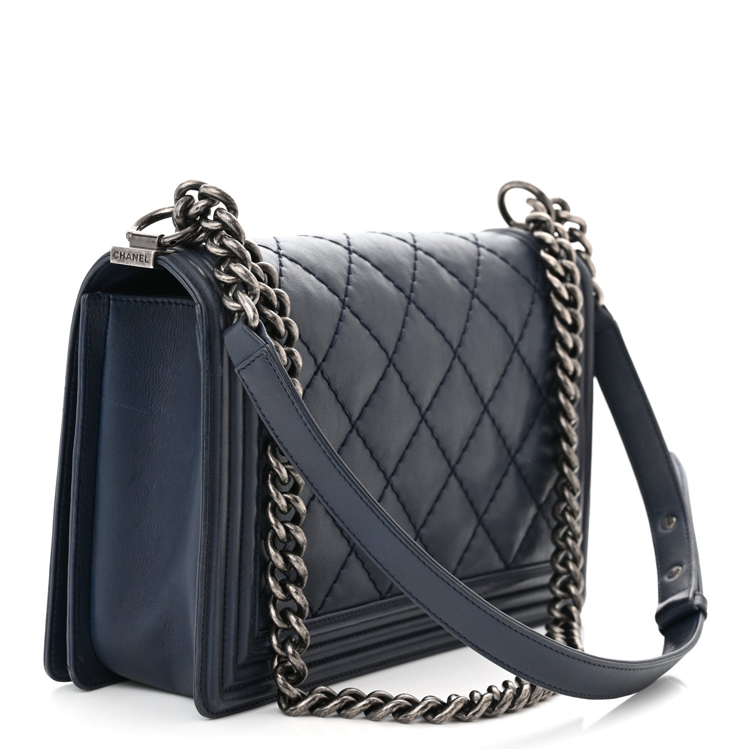 Chanel Calfskin Double Stitch New Medium Boy Flap Navy Blue 3 of 13