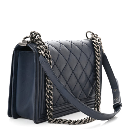 Chanel Calfskin Double Stitch New Medium Boy Flap Navy Blue 3 of 13