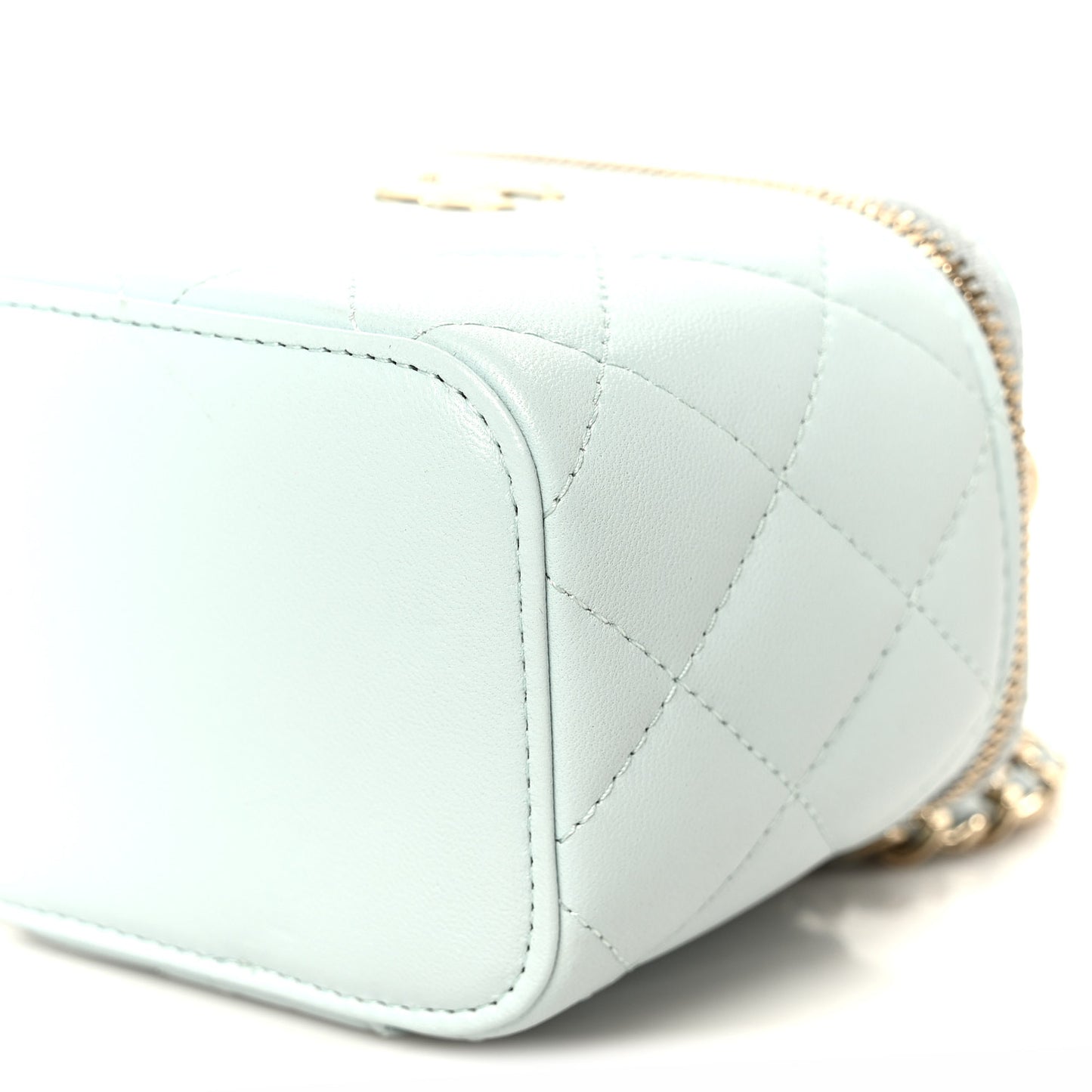 Lambskin Quilted Top Handle Mini Vanity Case With Chain Light Blue