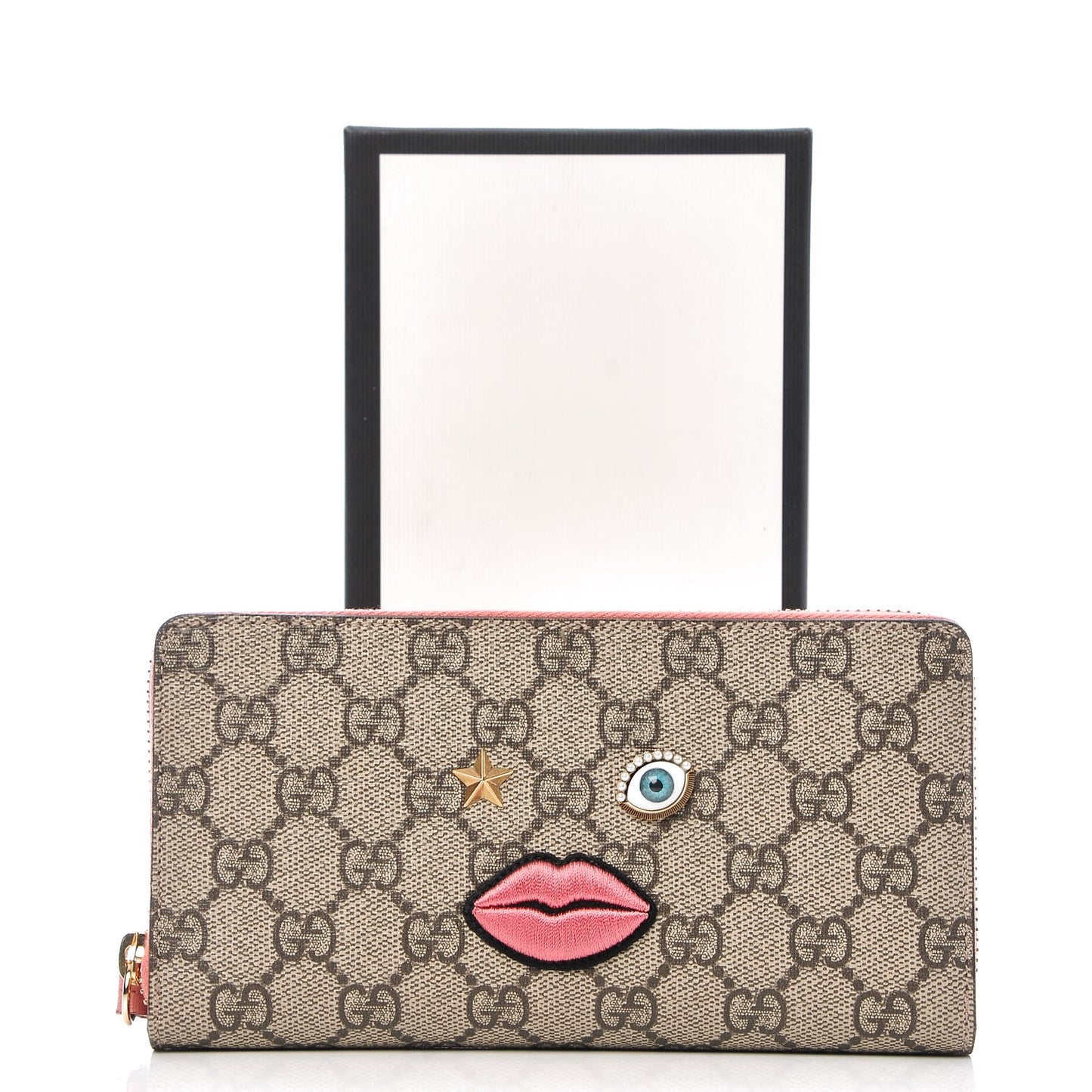 GG Supreme Monogram Embroidered Face Zip Around Wallet Pink