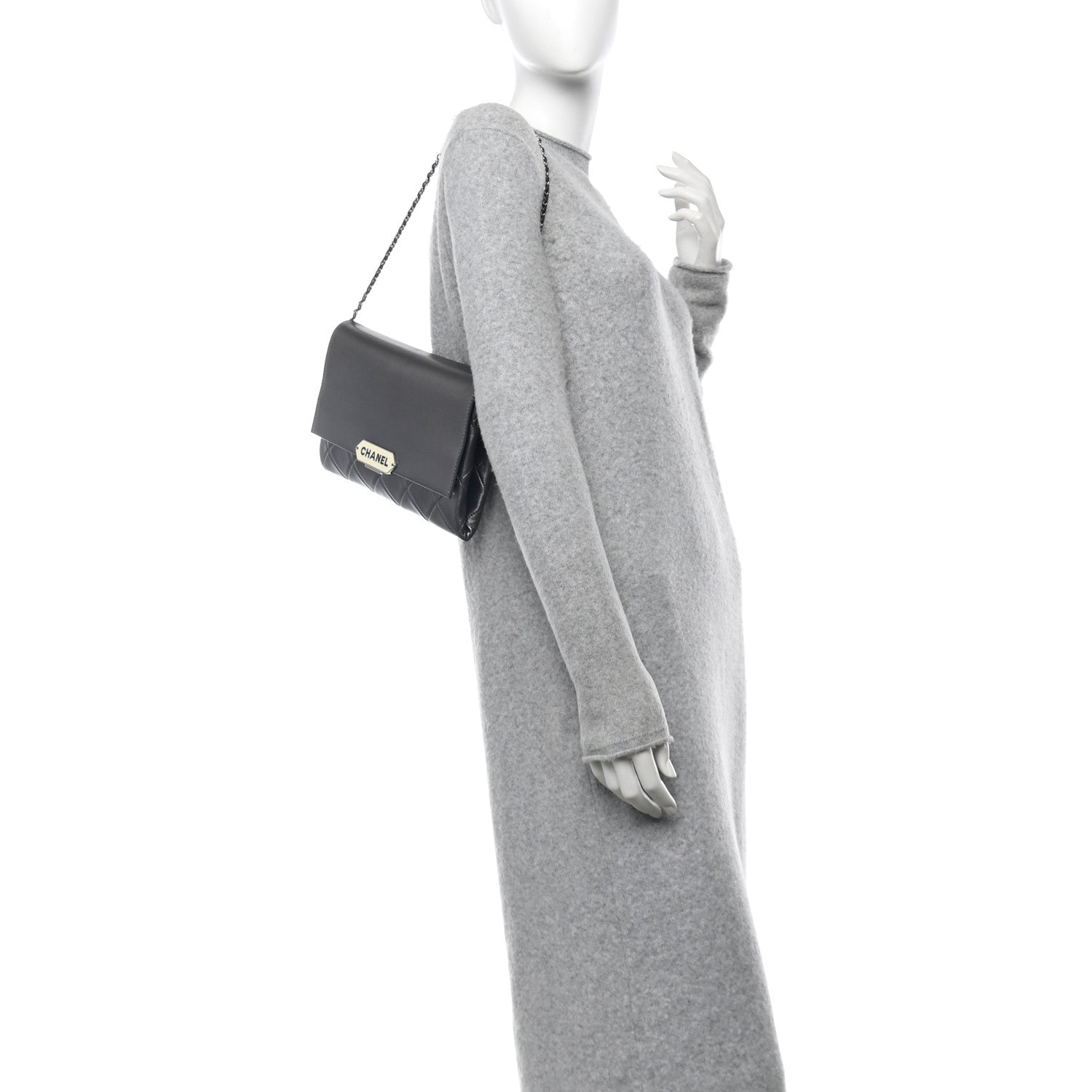 Chanel Metallic Lambskin Quilted Retro Label Clutch Charcoal Grey 2 of 14