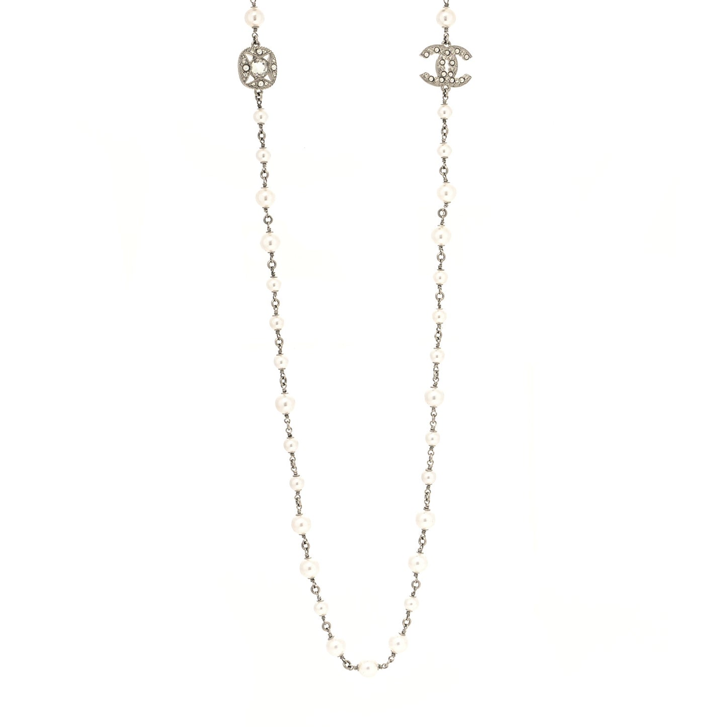 Crystal Pearl CC Long Necklace Silver