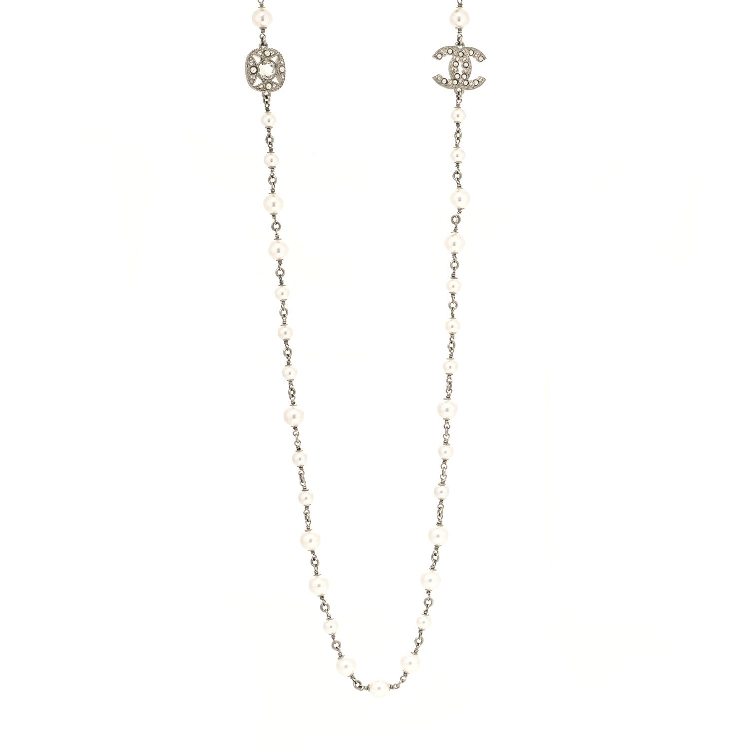 Chanel Crystal Pearl CC Long Necklace Silver 1 of 5