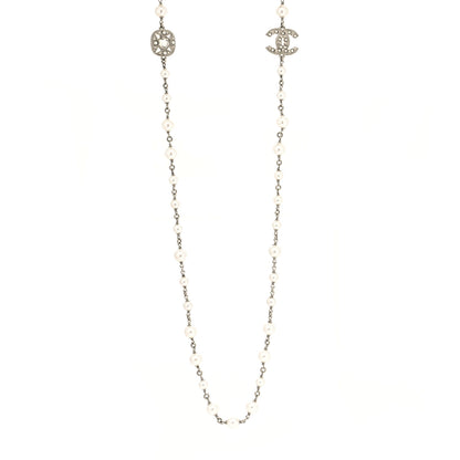 Chanel Crystal Pearl CC Long Necklace Silver 1 of 5