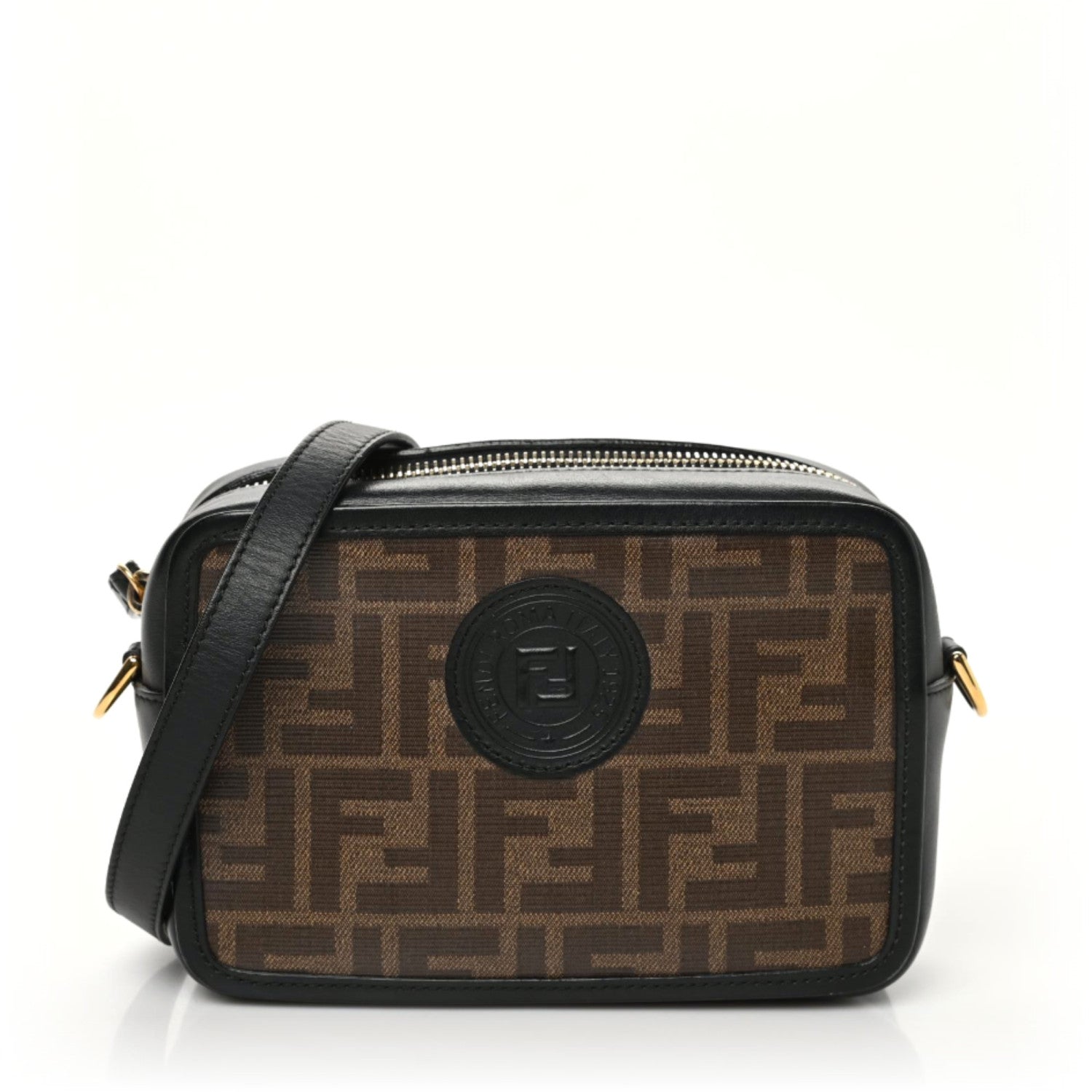 Fendi Glazed Fabric Vitello Century FF 1974 Stamp Patch Mini Camera Case Mogano Panna Black 1 of 9