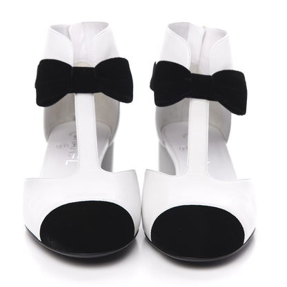 Chanel Goatskin Velvet Cap Toe CC Bow Cut Out Ankle Boots 37.5 White Black 2 of 9