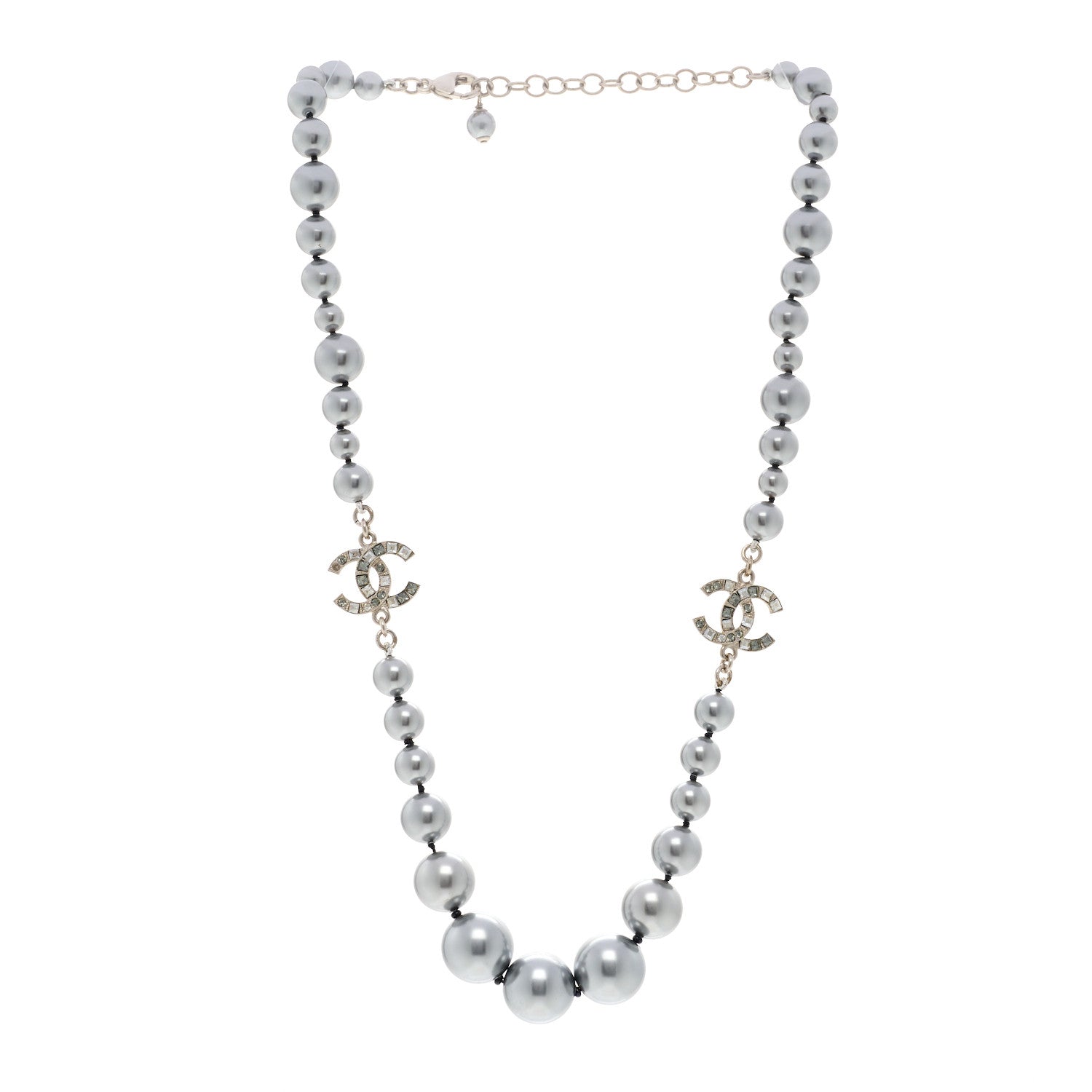 Chanel Crystal Baguette Graduated Pearl CC Short Necklace Silver