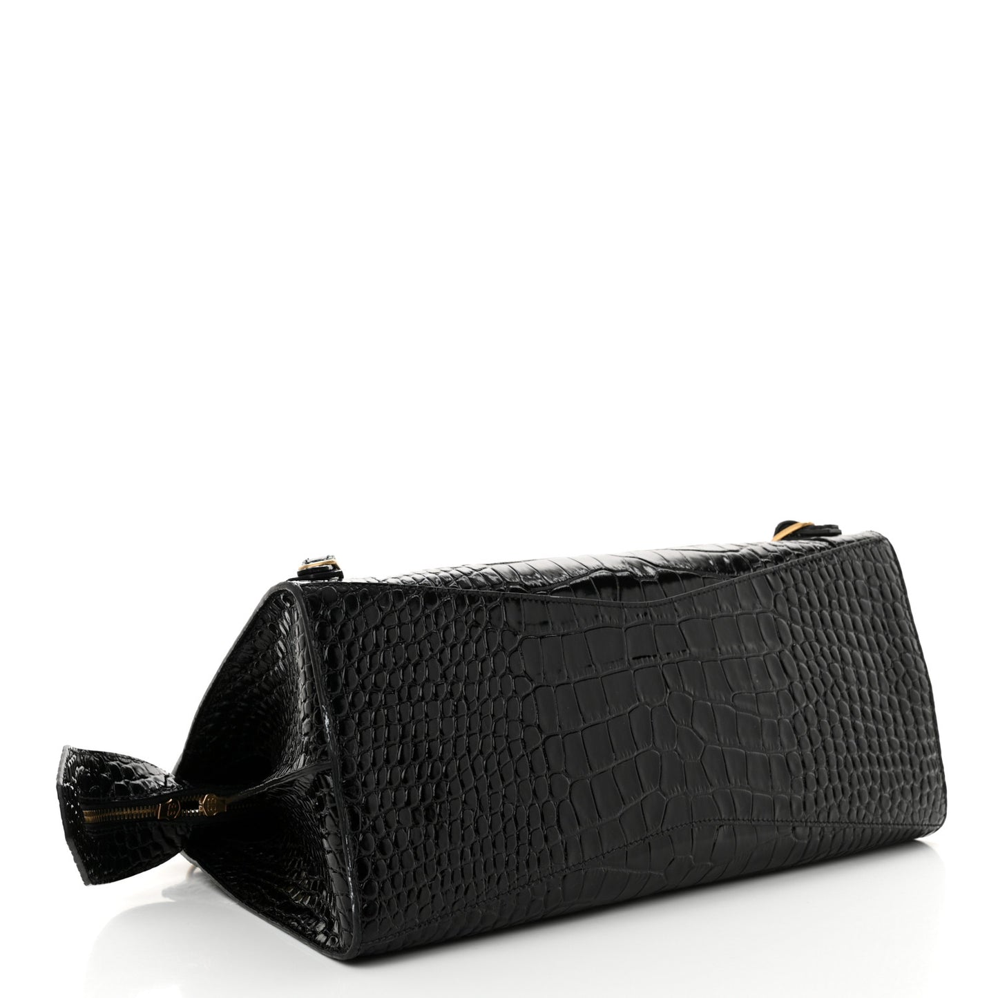Shiny Supple Calfskin Crocodile Embossed Brass Hardware Neo Classic City Black