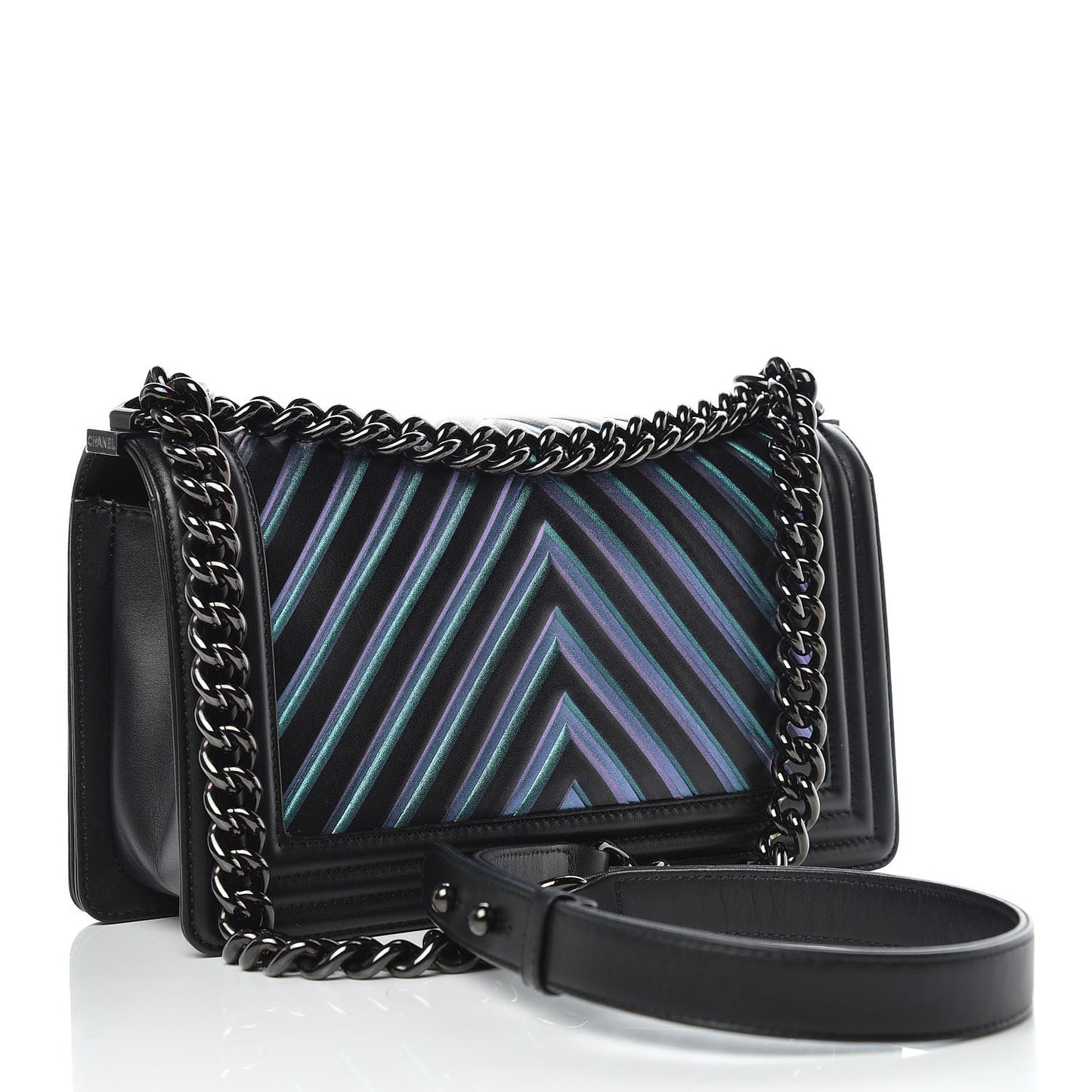 Calfskin Painted Chevron Embossed Medium Boy Flap Black