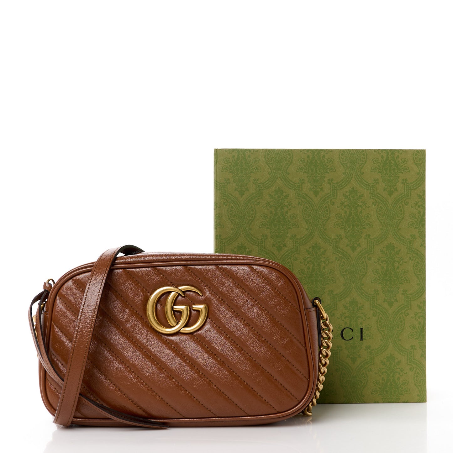Glazed Calfskin Matelasse Diagonal Small GG Marmont Chain Shoulder Bag Cuir