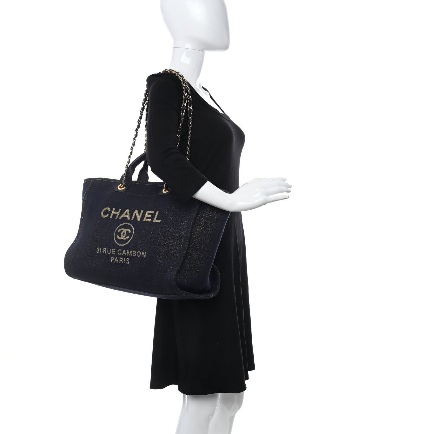 Chanel Lurex Canvas Small Deauville Tote Navy Blue Gold 2 of 11