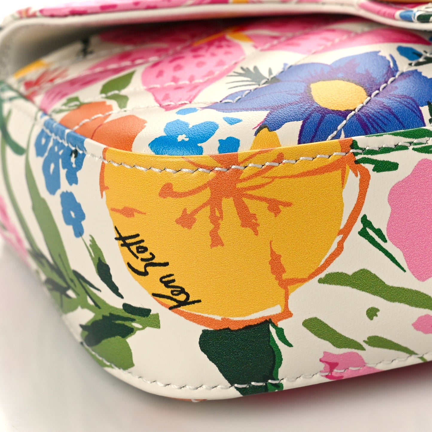 X KEN SCOTT Calfskin Matelasse Floral Print Super Mini GG Marmont Shoulder Bag Ivory Pink
