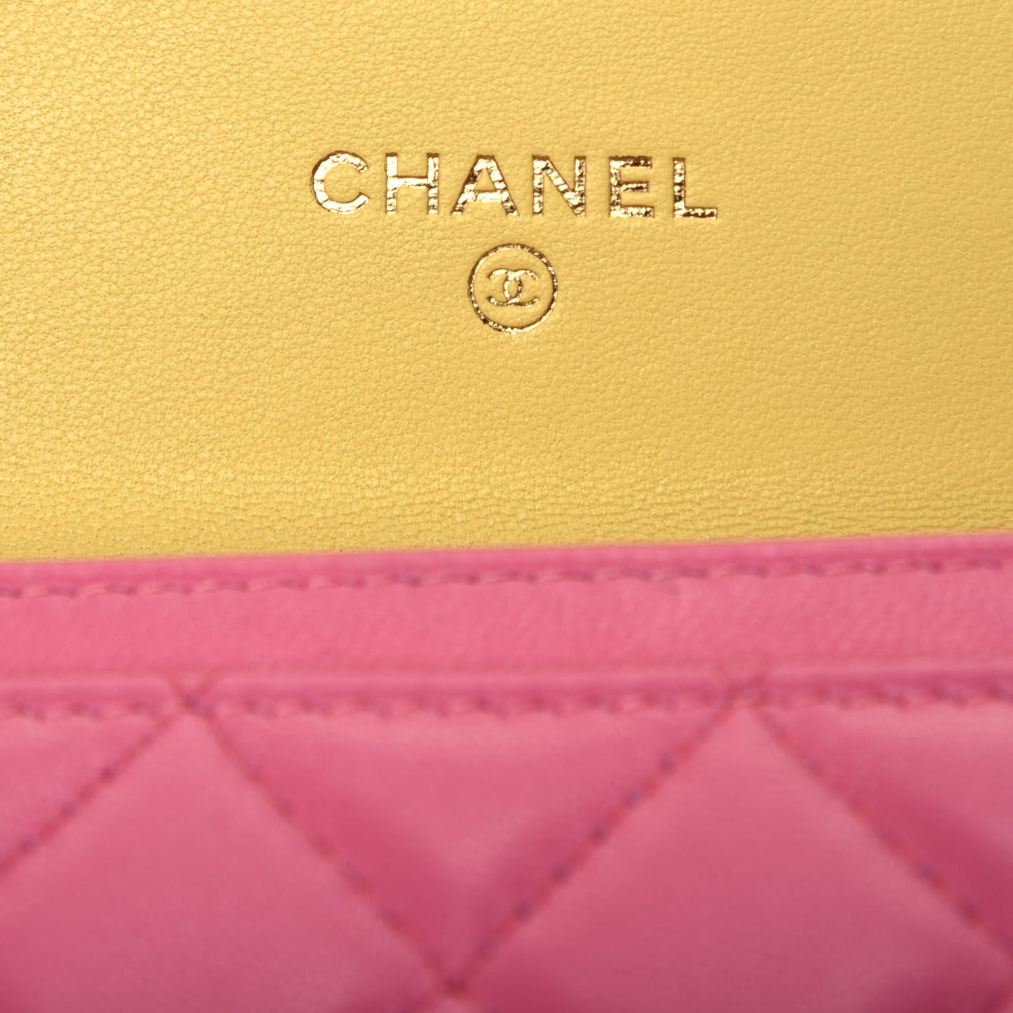 Lambskin Quilted Flap Card Holder Wallet Pink Yellow