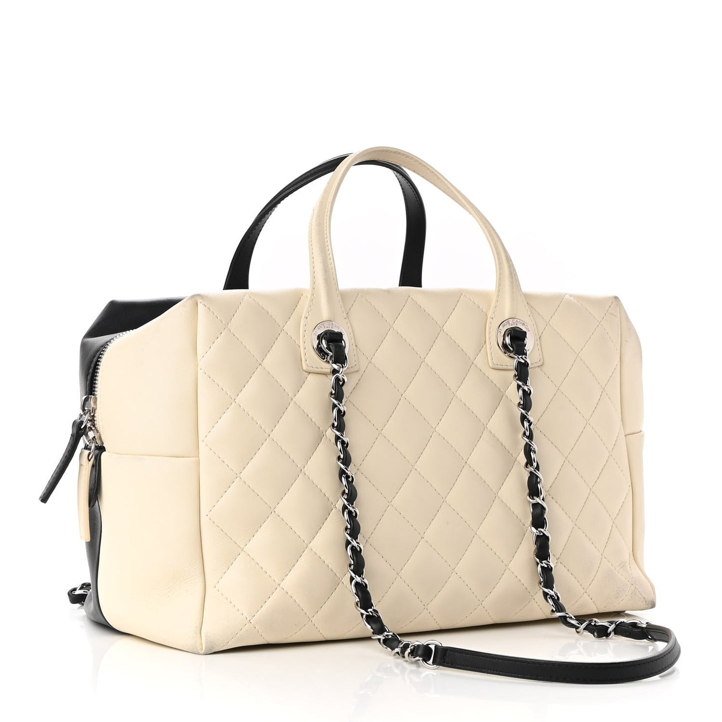 Calfskin Quilted Large Feather Weight Bowling Bag Black Ivory