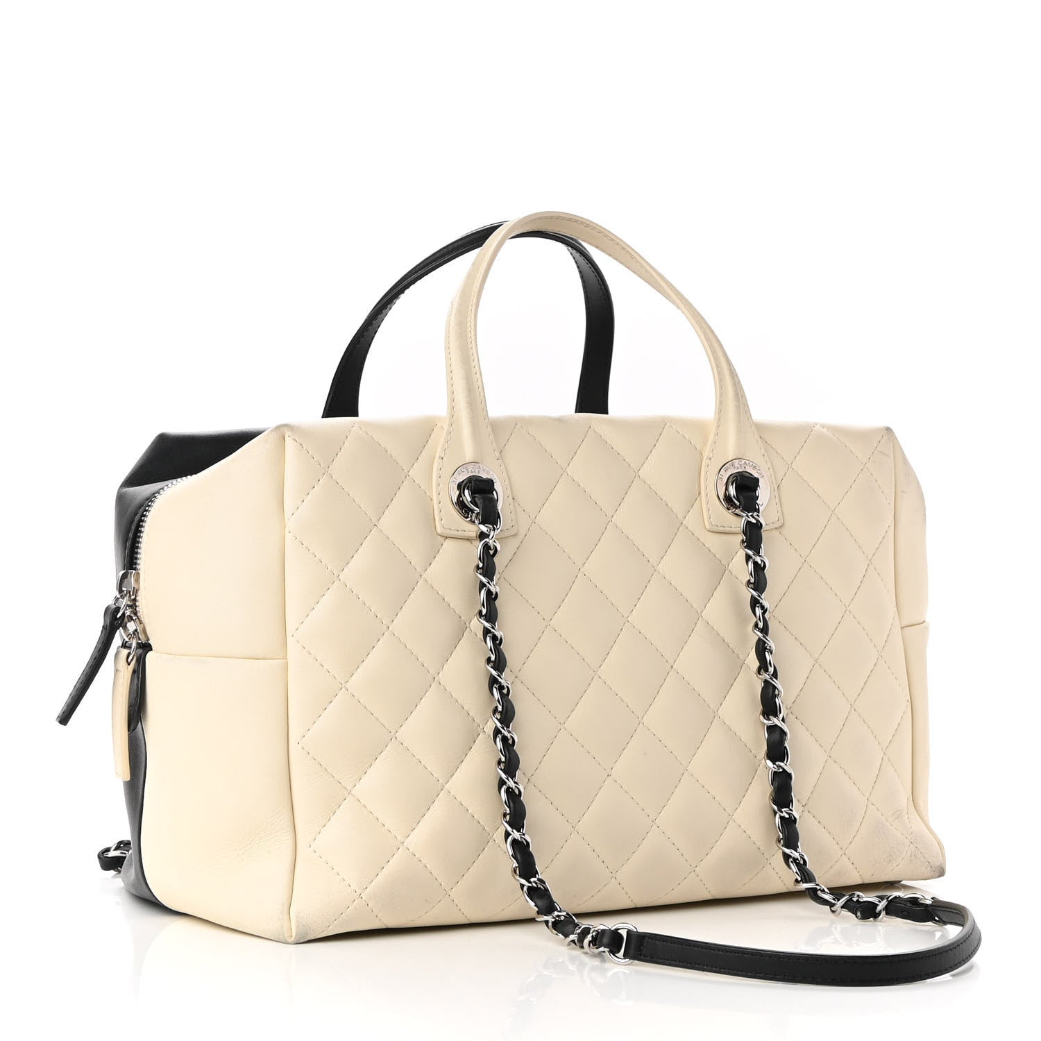 Chanel Calfskin Quilted Large Feather Weight Bowling Bag Black Ivory 2 of 12