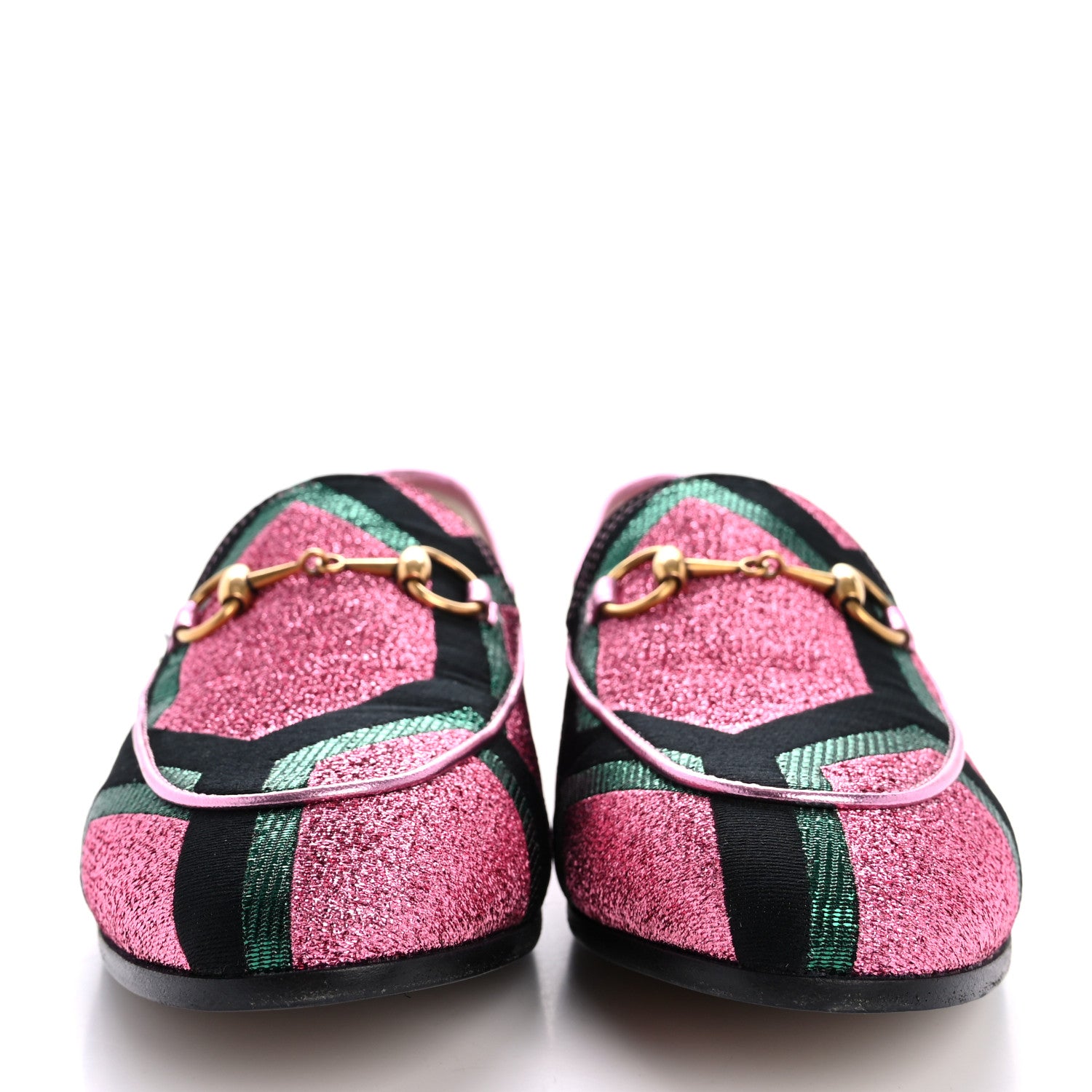 Gucci Metallic Jacquard Geometric Horsebit Womens Jordaan Loafers 37 Pink Green Black 3 of 13