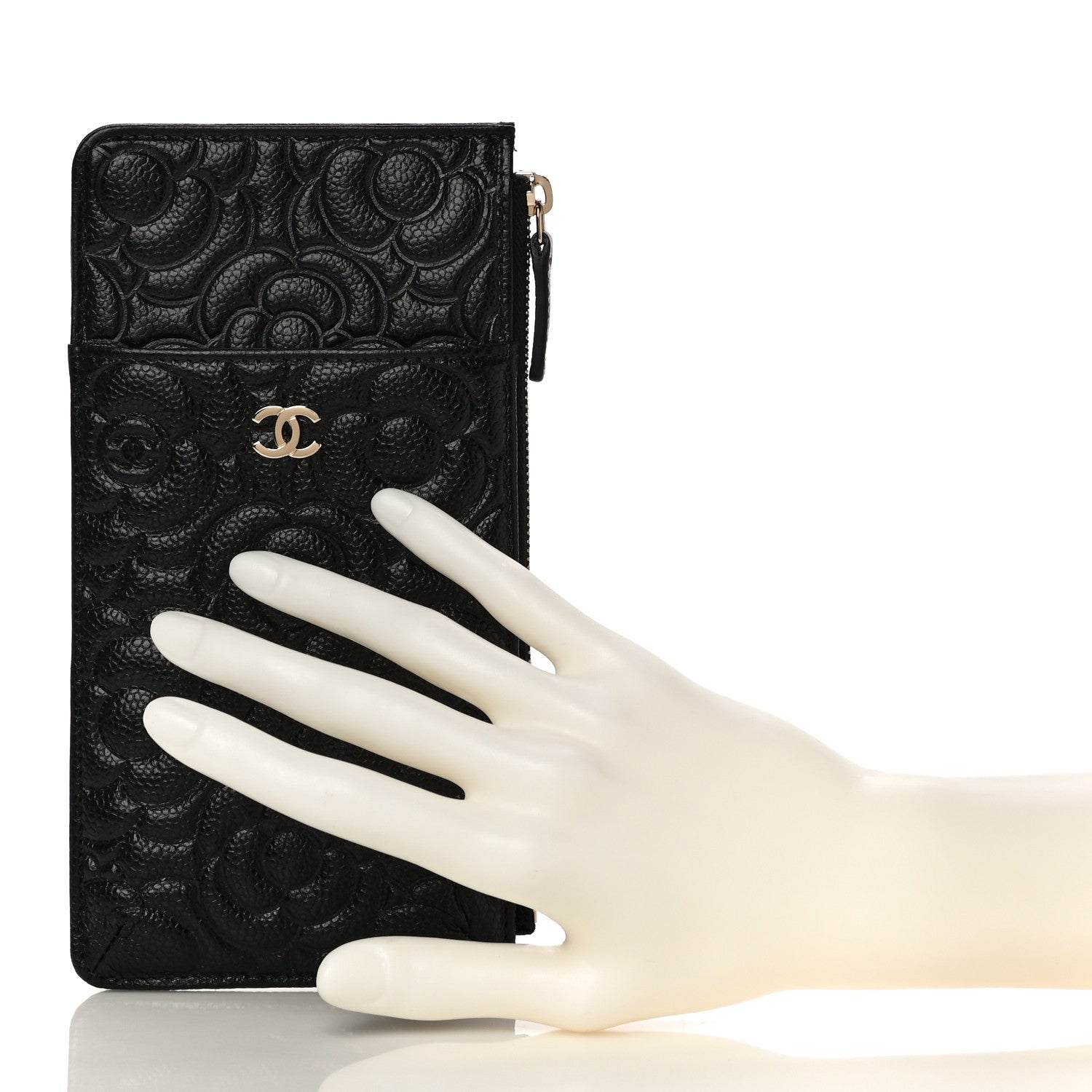Chanel Caviar Camellia Embossed Classic Flat Wallet Pouch Black 2 of 11
