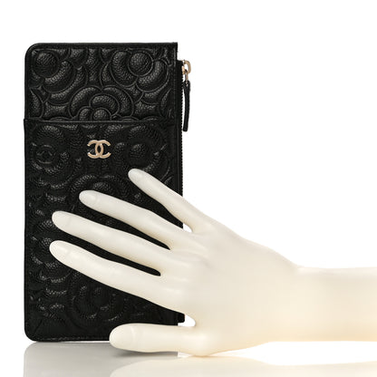 Chanel Caviar Camellia Embossed Classic Flat Wallet Pouch Black 2 of 11