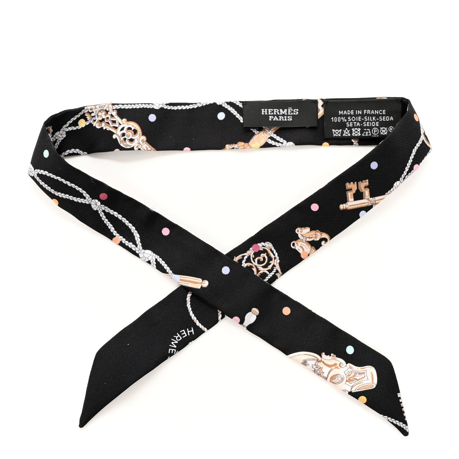 Hermes Silk Les Cles A Pois Doll Twilly Black Beige Rose 1 of 5