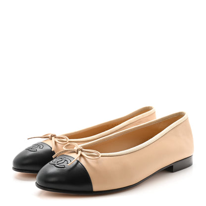 Chanel Lambskin Cap Toe CC Ballerina Flats 38.5 Beige Black 4 of 10