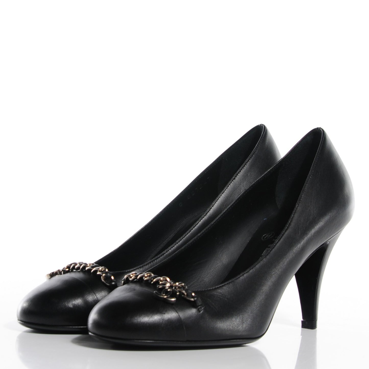 Lambskin Chain Cap Toe Pumps 37 Black