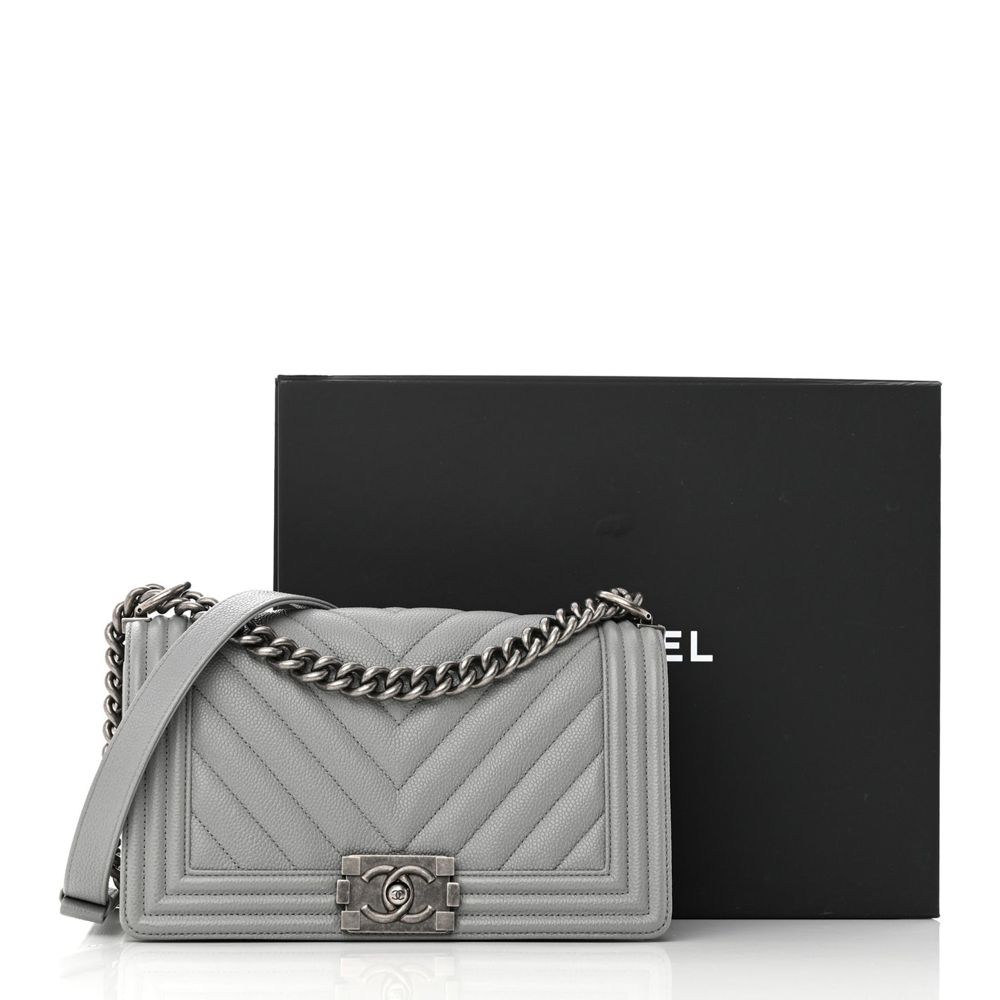 Caviar Chevron Quilted Medium Boy Flap Grey