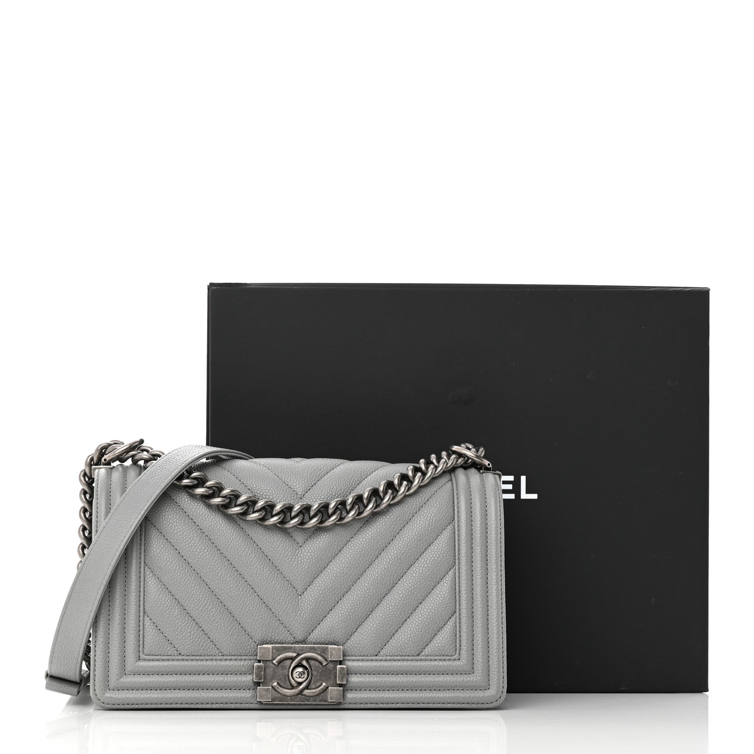 Chanel Caviar Chevron Quilted Medium Boy Flap Grey 14 of 14