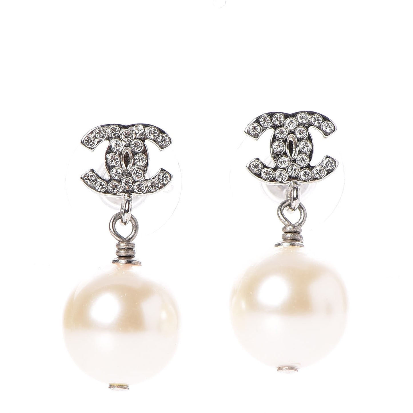 Crystal Pearl CC Drop Earrings Silver