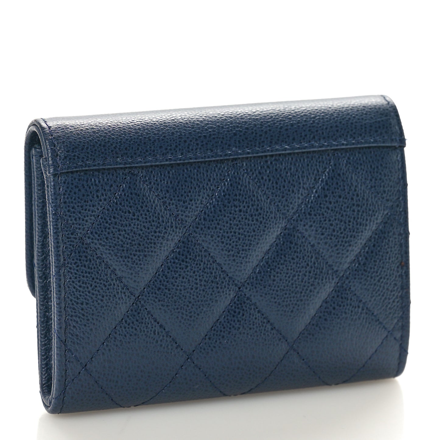 Grained Calfskin Quilted CC Box Compact Flap Wallet Navy Blue