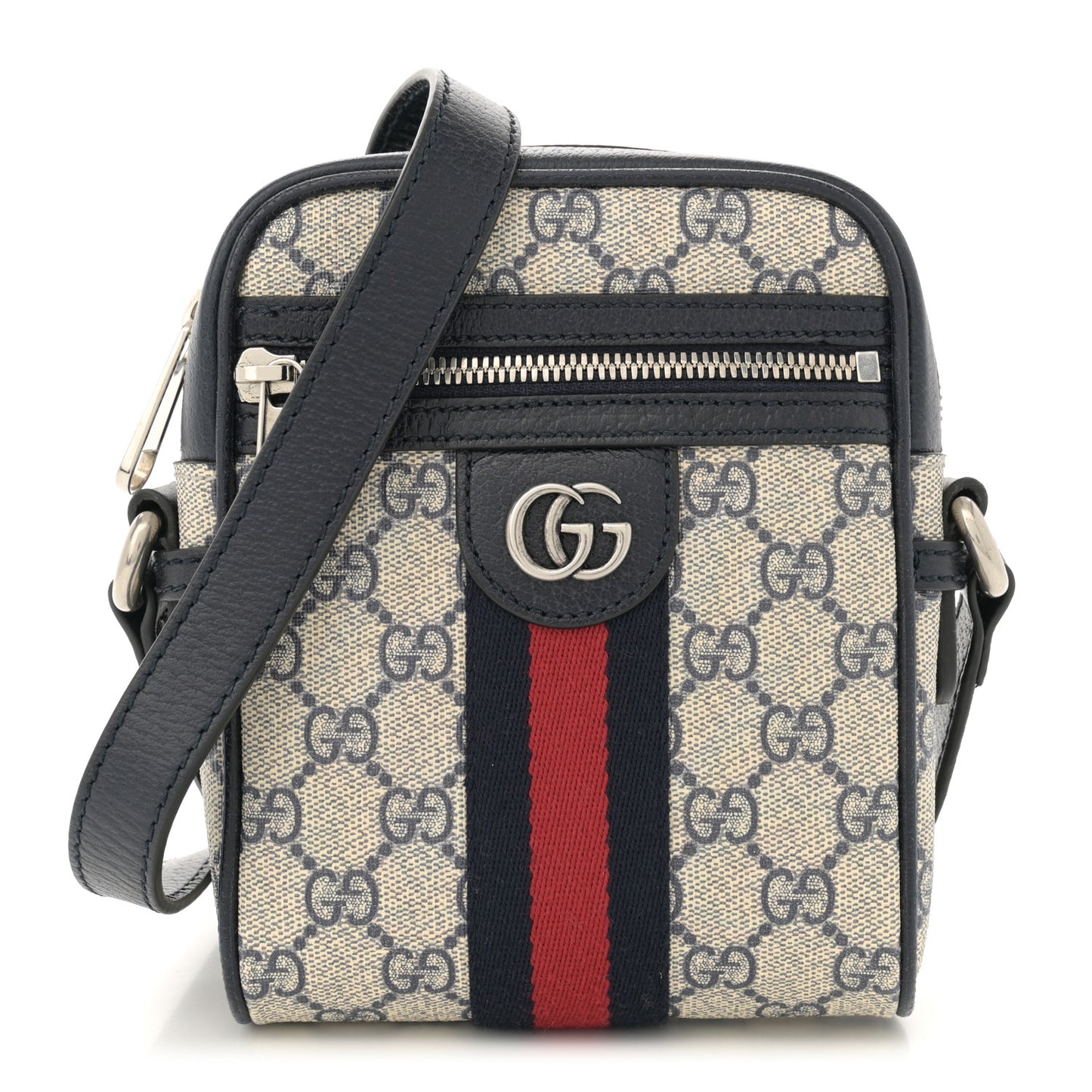 GG Supreme Monogram Textured Calfskin Web Mini Ophidia Messenger Beige Blue