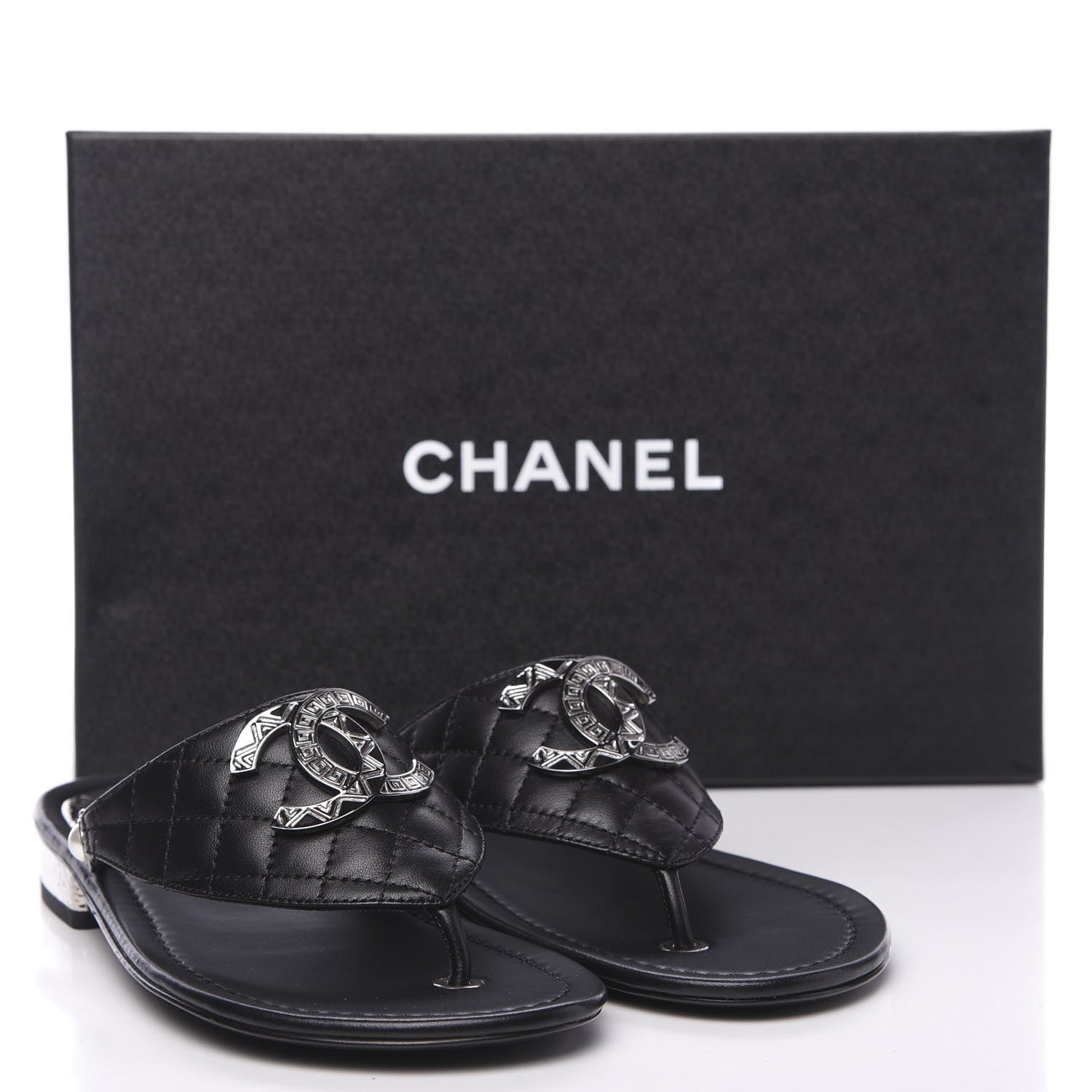 Chanel Lambskin Quilted Pearl CC Logo Thong Sandals 37 Black 9 of 9