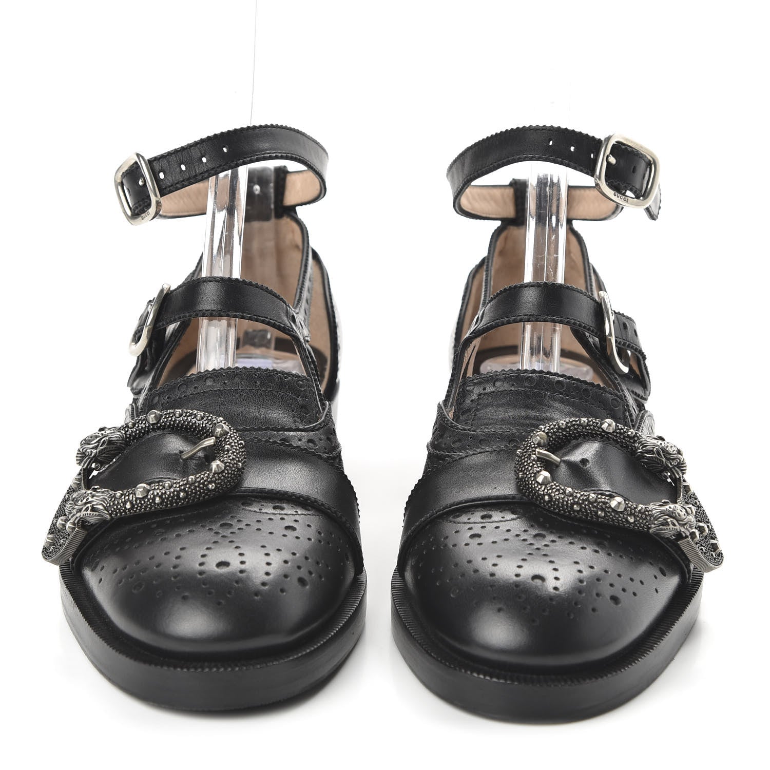 Gucci Calfskin Bee Embroidered Womens Queercore Brogue Wingtip Monk Strap Loafers 37.5 Black 2 of 9