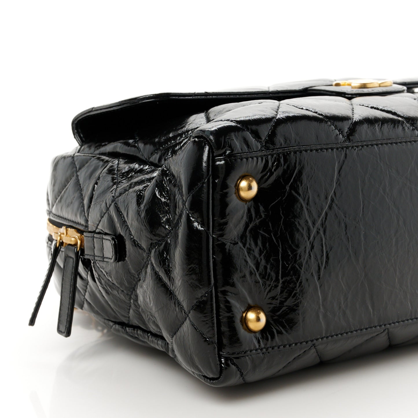 Shiny Crumpled Calfskin Quilted Large Bowling Bag Black