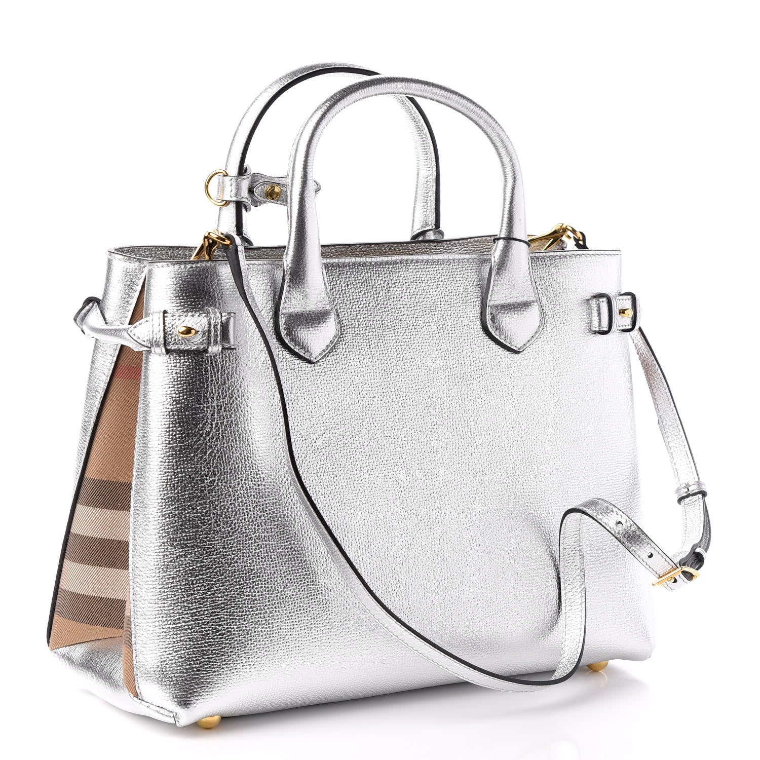 Burberry Metallic Grainy Calfskin House Check Medium Banner Tote Silver 3 of 8