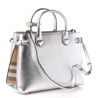 Burberry Metallic Grainy Calfskin House Check Medium Banner Tote Silver 3 of 8
