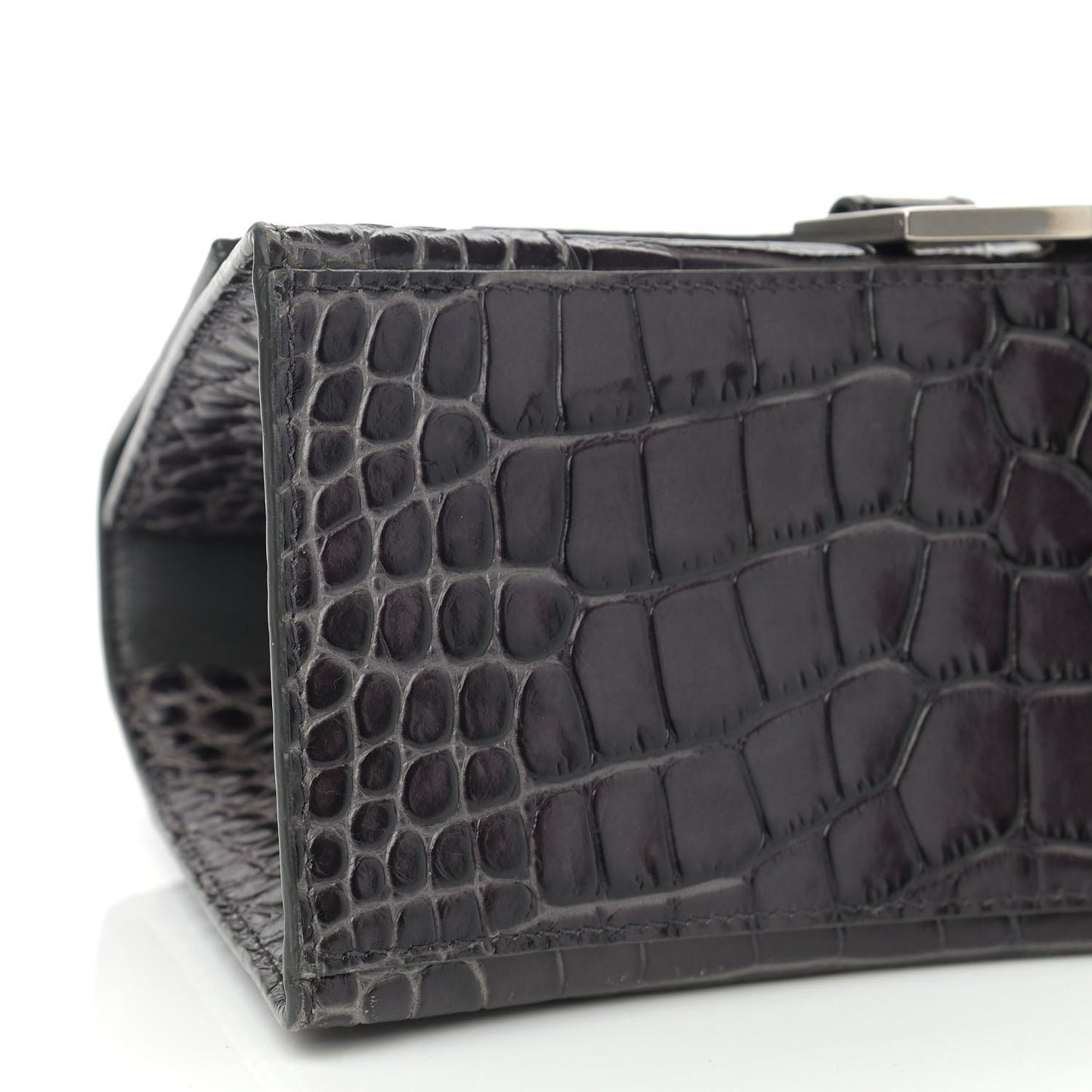 Shiny Calfskin Crocodile Embossed Small Hourglass Top Handle Bag Dark Grey