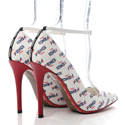 Fendi X FILA Vitello Mania Logo Print High Heel Pumps 37 White Blue Red Fragola 4 of 6