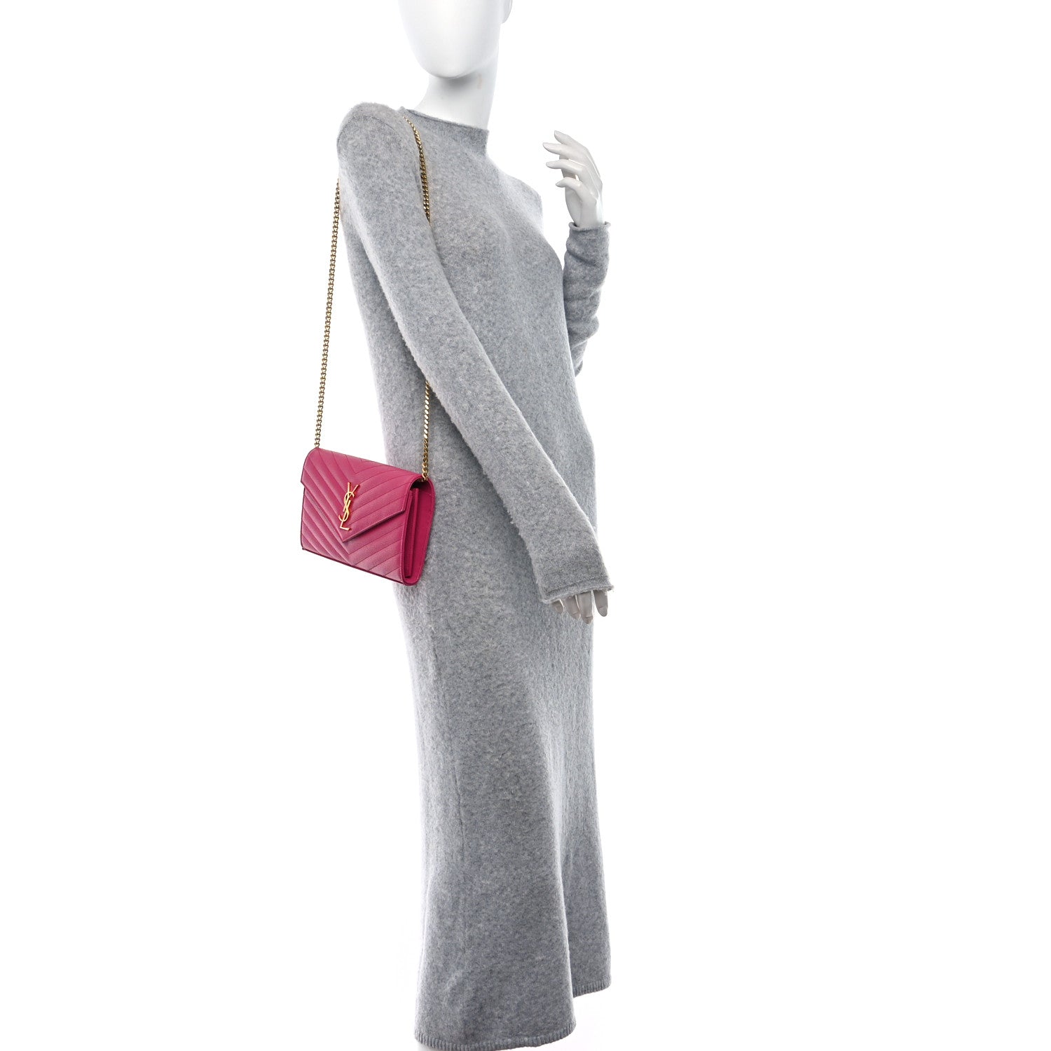Saint Laurent Grain De Poudre Matelasse Chevron Monogram Chain Wallet Lipstick Fuchsia 2 of 8