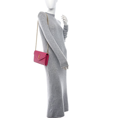 Saint Laurent Grain De Poudre Matelasse Chevron Monogram Chain Wallet Lipstick Fuchsia 2 of 8