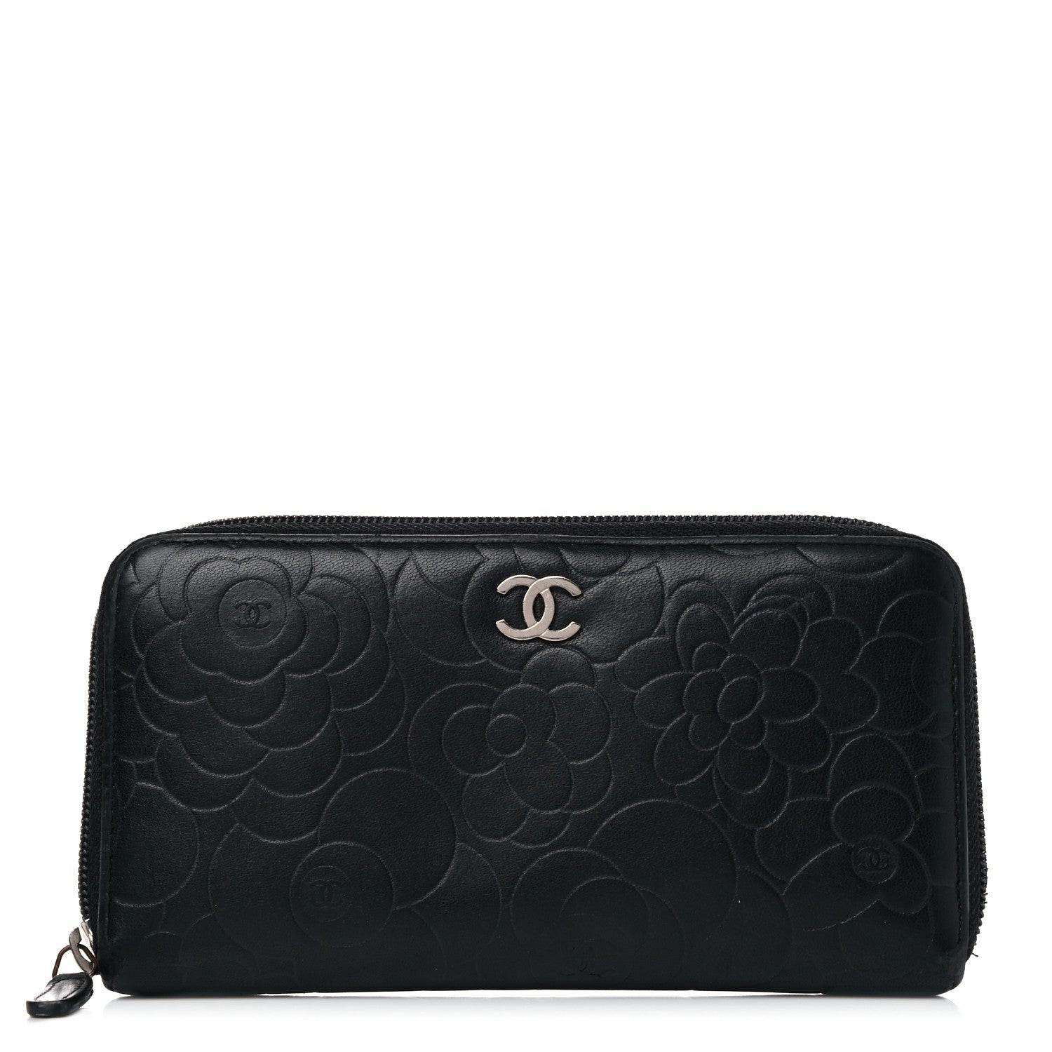 Chanel Lambskin Camellia Embossed Large Zip Around Gusset Wallet Black 1 of 12