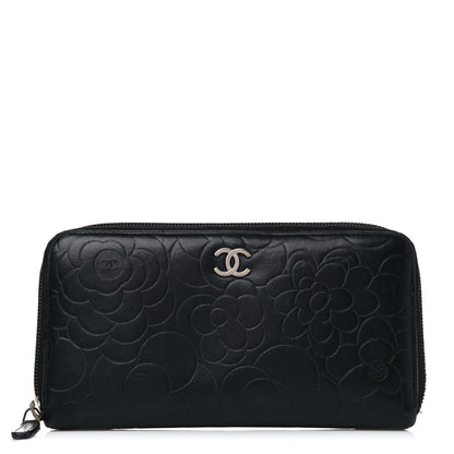 Chanel Lambskin Camellia Embossed Large Zip Around Gusset Wallet Black 1 of 12