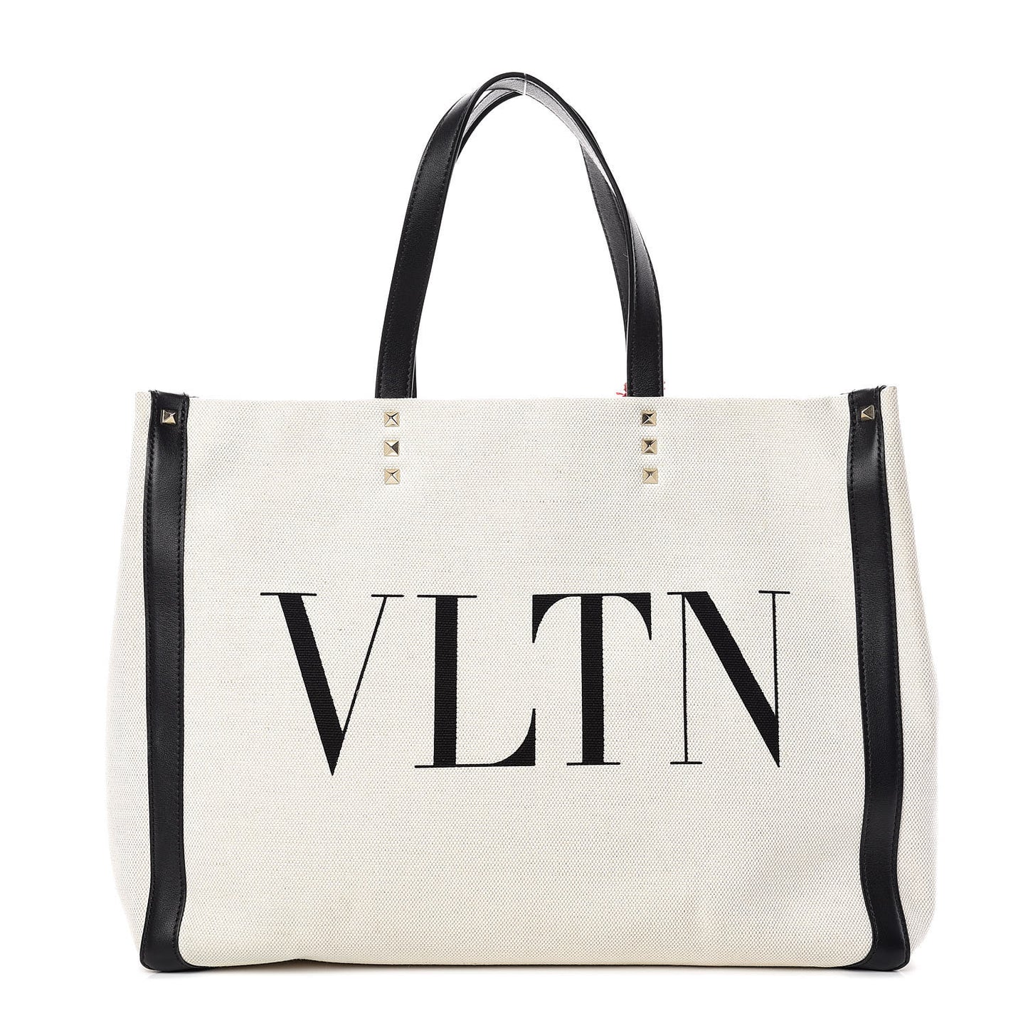 Canvas Calfskin VLTN Print Small Rockstud Tote Naturale Black