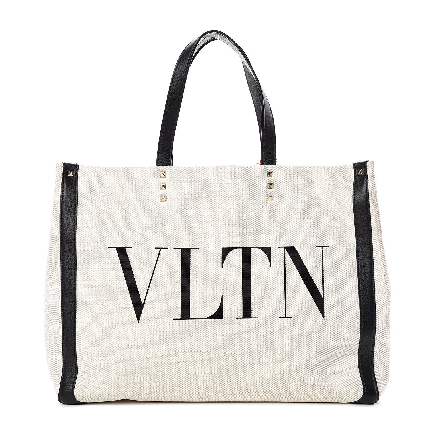 Valentino Garavani Canvas Calfskin VLTN Print Small Rockstud Tote Naturale Black 1 of 10
