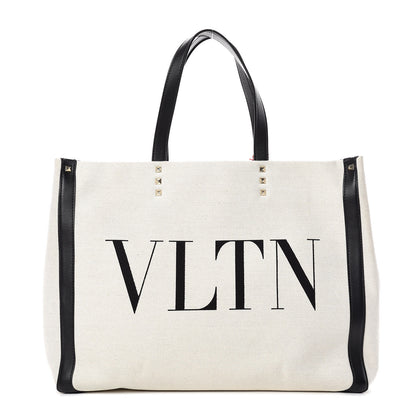 Valentino Garavani Canvas Calfskin VLTN Print Small Rockstud Tote Naturale Black 1 of 10