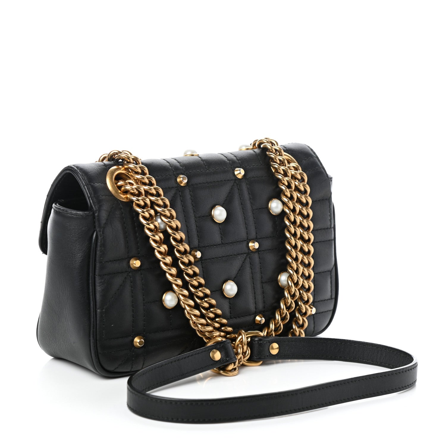 Gucci Calfskin Matelasse Studded Mini Pearly GG Marmont Shoulder Bag Black 3 of 9
