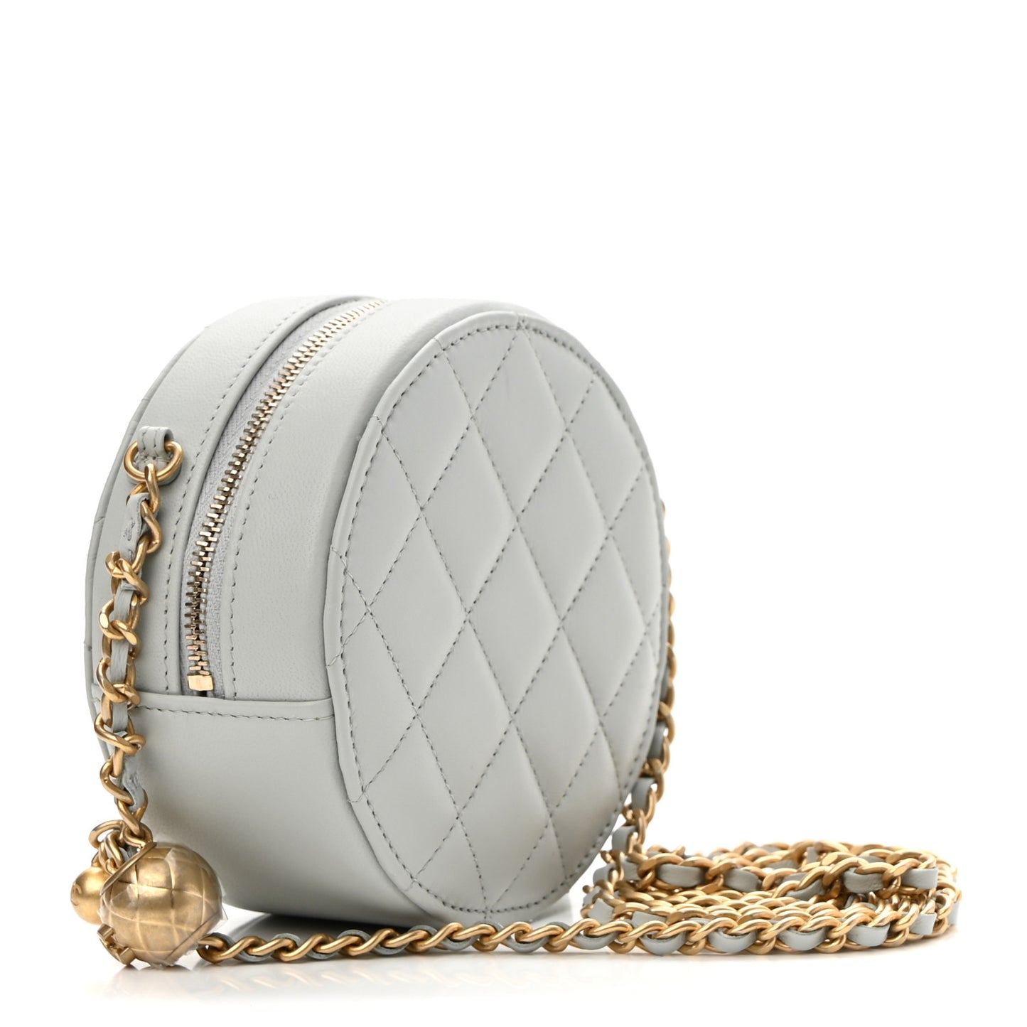 Lambskin Quilted Round Pearl Crush Clutch With Chain Grey