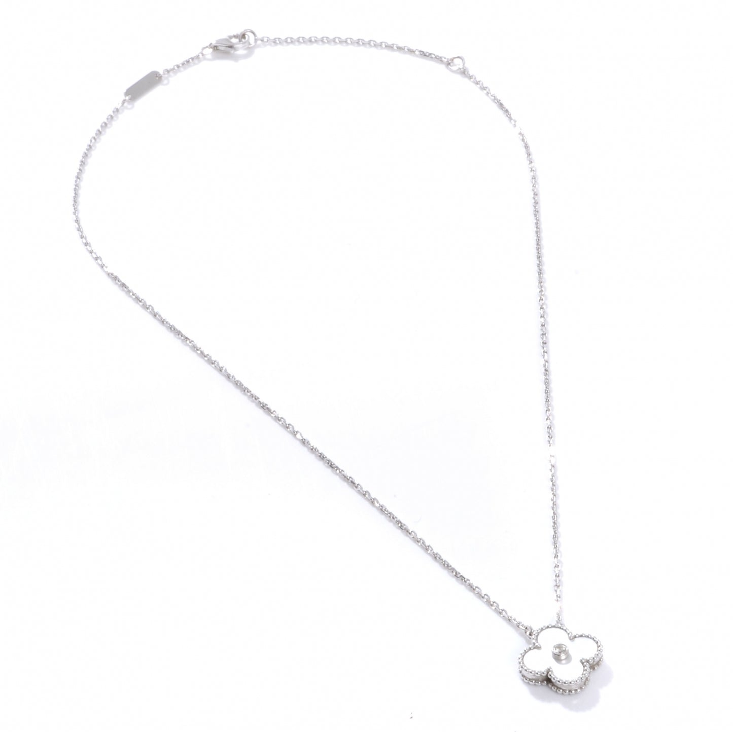 18K White Gold Mother of Pearl Diamond Single Motif Clover Alhambra Necklace