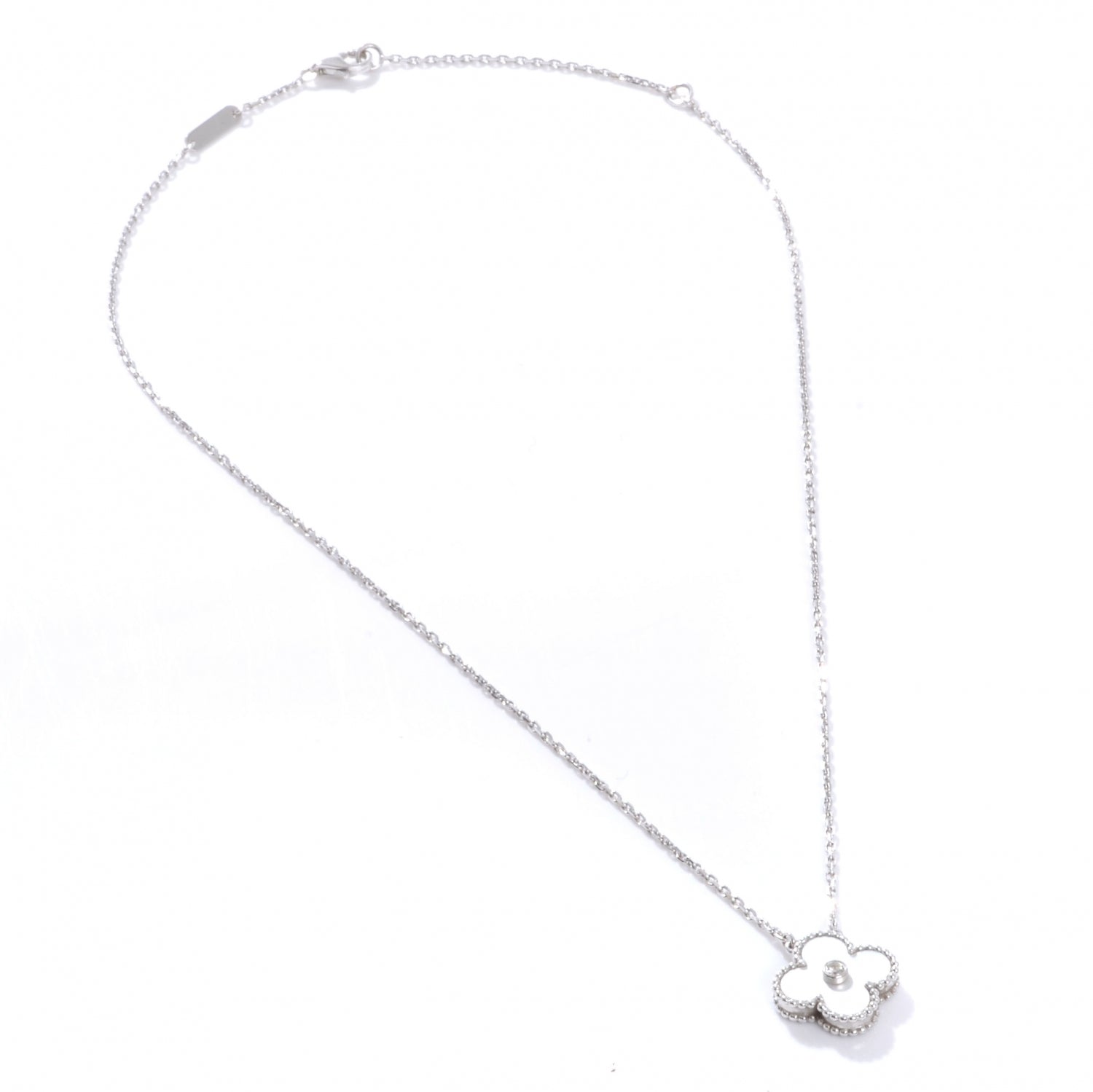 Van Cleef & Arpels 18K White Gold Mother of Pearl Diamond Single Motif Clover Alhambra Necklace 4 of 10