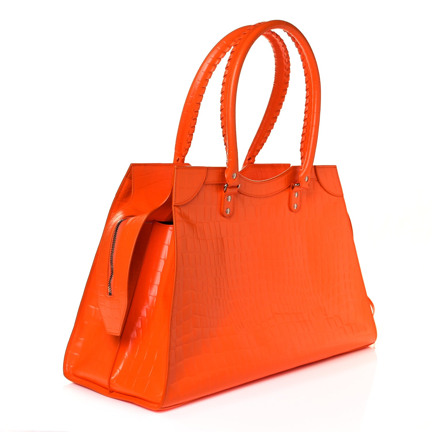 Balenciaga Semi Shiny Calfskin Crocodile Embossed Neo Classic Silver Hardware Large Top Handle Bag Orange 2 of 7